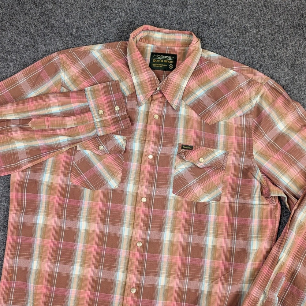 Hollister Mens XL Plaid Western Pearl Snap Long Sleeve Shirt Brown Pink Cotton